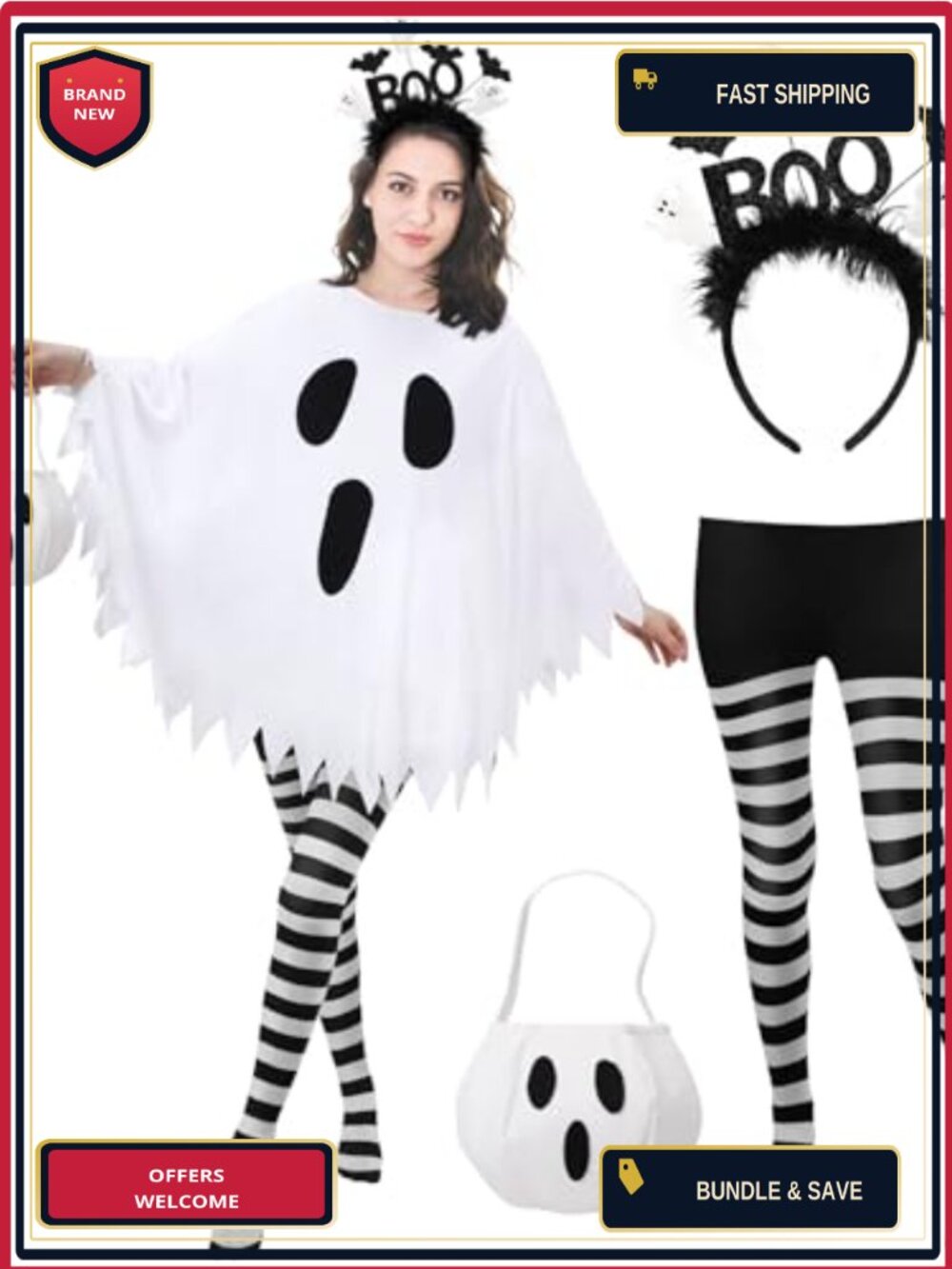 Ghost Poncho Costume Set with Headband Tights Candy Bag Halloween